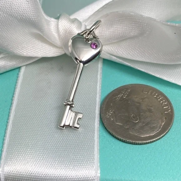 Tiffany & Co Heart Key pink sapphire  charm 925 silver w/box - Picture 5 of 5